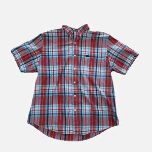 Chaps Men's XL Short Sleeve Button-Up Preppy Red Blue Plaid Casual Work Shirt